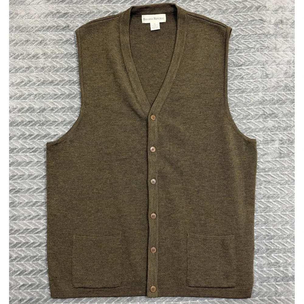 Vtg Banana Republic Merino Wool Cardigan Sweater Vest Men XL Grandpa Preppy USA